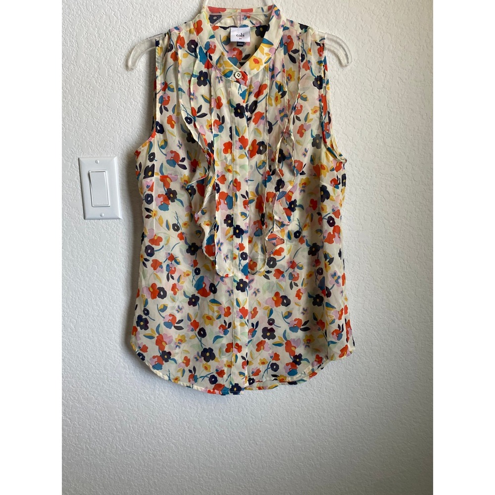 Cabi Women Floral Ruffle Boho Sleeveless Blouse Size XS Cream Multi 6108